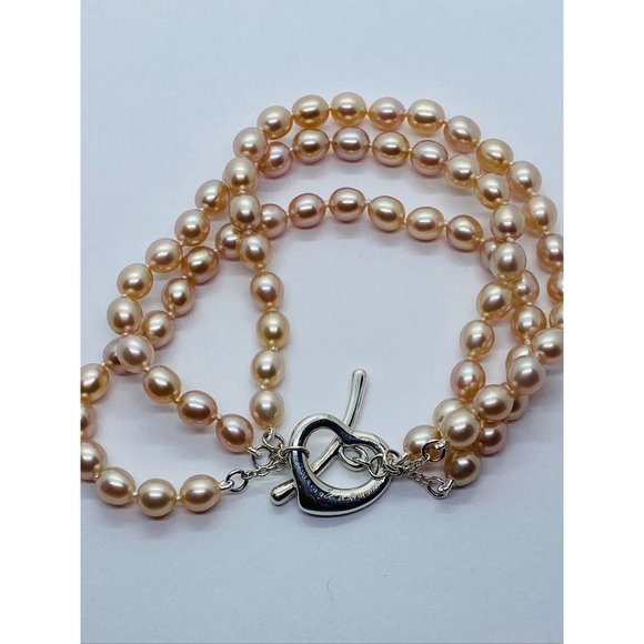 Tiffany & co. Elsa Peretti 3 Row Pink Pearl Heart Silver 925 Bracelet 7.5